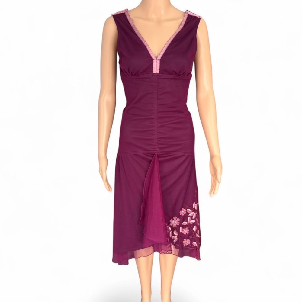 vtg y2k whimsical goth purple beaded dress floral embroidery v-neck sleeveless